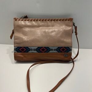 The Sak Indio Khaki &Tan Genuine Leather Southwest Style Beaded Trim CB /SH Bag